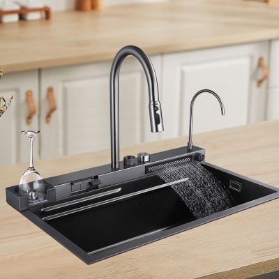 China With Above Dark Gray Single Bowl Nano Step Kitchen Sink Faucet 304 Stainless Steel Mount Waterfall Faucet Farmhouse Handmade Kitchen Sinks for sale