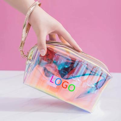 China Online fashion customization sample available with promotional zipper gift see make up case holographic cosmetic bag for sale