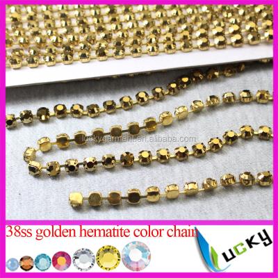 China Pointback SS38 8mm Rhinestone Cup Raw Brass Chain Link With Metallic Gold Crystal Stones for sale