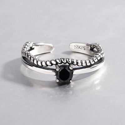 China CLASSIC Japanese and Korean sterling silver open ring black diamond twist ring fashion female personality s925 retro double version for sale