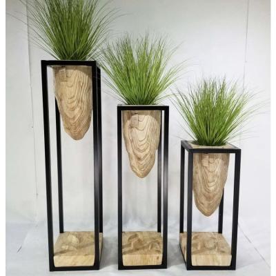 China Lightweight Modern Unique Wood Grain Planters With Stand Frame Modern Fiberglass Planter Flower Pot For Plants for sale