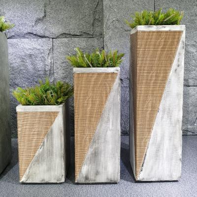 China Rectangle Wood Grain Fiberglass Flower Pots Office Indoor Plant Pots Modern Decorative Planters for sale