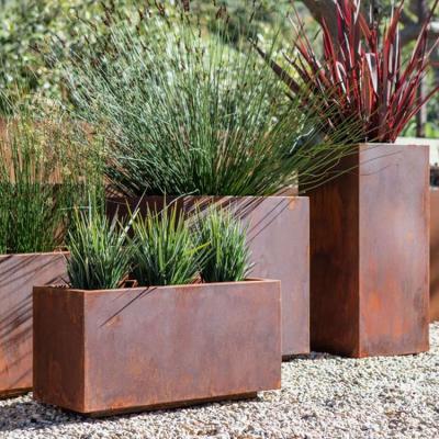 China Wholesale Durable Bespoke Rectangle Fiberglass Flower Planter Outdoor Metal Planting Pots Large Corten Steel Flower Pot for sale