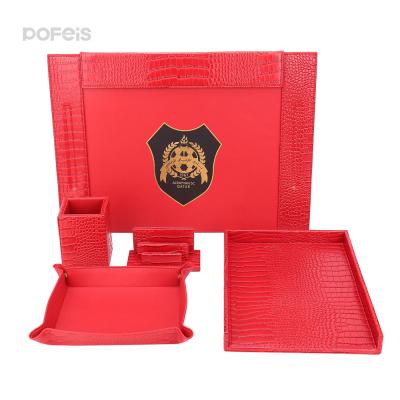 China Desk Set Crocodile Pattern PU Sample Desk Organizer Set Office Leather Wholesale Desk Set for sale