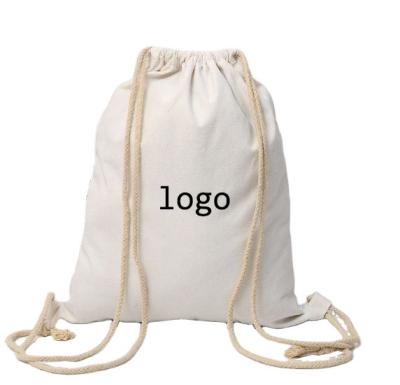 China Custom logo eco-friendly cotton bag suction string backpack natural simple cotton canvas drawstring shopping backpack for sale