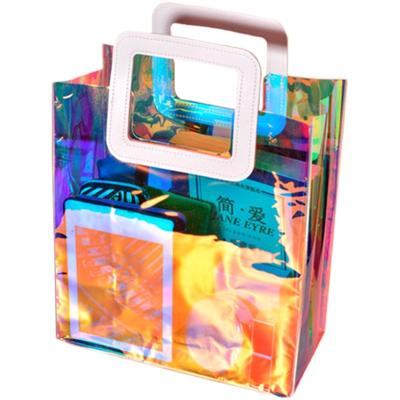 China Clear Transparent Holographic Iridescent Logo Handbag Gift Non-Toxic Laser PVC Plastic Bag Laser Clear Holographic Iridescent Customized Shopping Packing Bags for sale