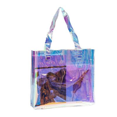 China Laser Clear PVC Hologram Plastic Bag Iridescent Logo Clear Transparent Holographic Iridescent Handbag Gift Non-Toxic Customized Packing Shopping Packaging Bags for sale