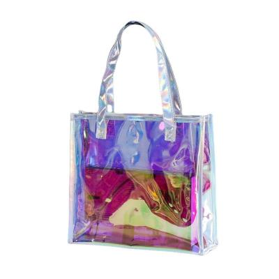 China Customized Non-Toxic Durable Sewing Clear Holographic Iridescent Iridescent Shopping Bags Logo Hologram Transparent PVC Tote Bag Laser Handbag for sale