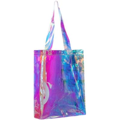 China Customized Transparent Holographic Iridescent Iridescent Shopping Bags Non-Toxic Logo Hologram PVC Tote Bag Clear Laser Handbag for sale