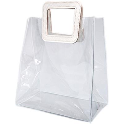 China Non-Toxic Customized Transparent Tote Bag Gift Bag Packaging Reusable Waterproof Logo PVC Clear Shopping Tote Bag With Leather Handle for sale