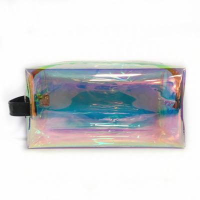 China Laser Logo PVC Cosmetic Bag Custom Waterproof Transparent Holographic PVC Fashion Zipper Women Rainbow Hot Clear Makeup Bag for sale