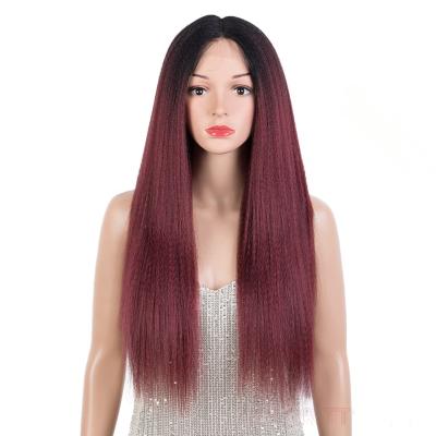 China Heat Resistance Yaki Brown Yaki Lace Front Wig For Black Women Ombre Long 13*4 26Inch Yaki Smooth Synthetic Straight Free Part Black for sale