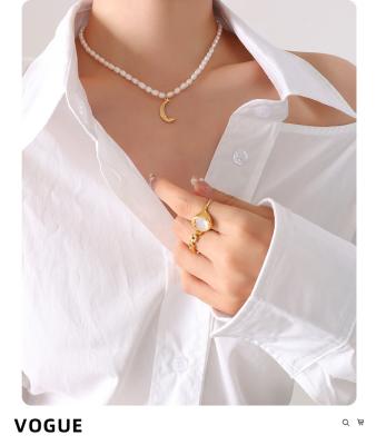 China Fast Delivery Handmade Natural Freshwater Pearl Pearl Necklace With 18K Gold Titanium Steel Moon Pendant Elegant Jewelry for sale