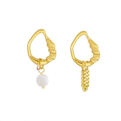 China 18K Gold High Quality Asymmetrical Imitation Titanium Earrings Irregular Shape Pearl Design Steel Fine Jewelry for sale