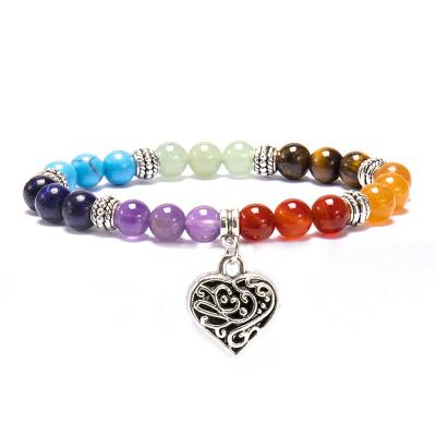 China FASHIONABLE Natural Gemstone Bead 8mm 7 Chakra Colored Stone Bracelet Jewelry With Silver Plating Heart Shape Pendant for sale