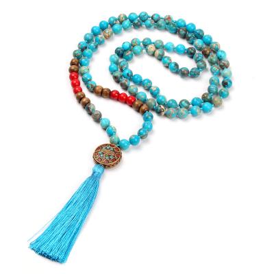 China Turquoise 108 Turquoise 8mm Imperial Mala Hand Knotted Buddhist Necklace Imperial Bead With Tassel for sale