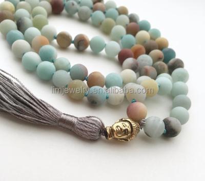 China Matte Amazonite Stone 8mm Amazonite 108 Mala Hand Knotted Buddhist Necklace Bead for sale