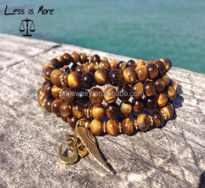 China BOHEMIA Strong Rope 108 Gold Tiger-Eye Beads Bracelet with Tibetan Gold OM Wing and Gold Angel Bracelet for sale