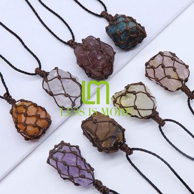 China Hot Selling Natural Raw Chakra Irregular Shape Gemstone Necklace Wrapped Rope Healing Crystal Stones Jewelry Pendant for sale