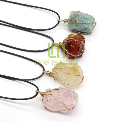 China Chakra Mullti Color Irregular Shape Natural Original Raw Stone Necklace With Wire Quartz Healing Winding Pendant Crystal for sale