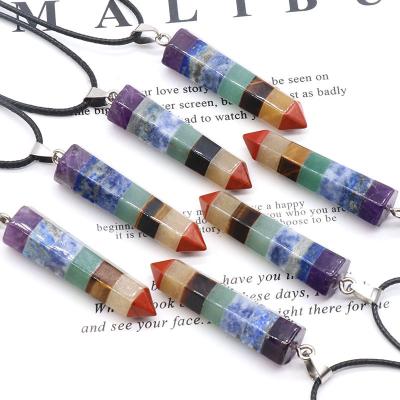 China Hot Sale 7 Chakra Hexagonal Column Chakra Natural Colorful Crystal Colorful Reiki Healing Stone Pendant Necklace for Gifts for sale