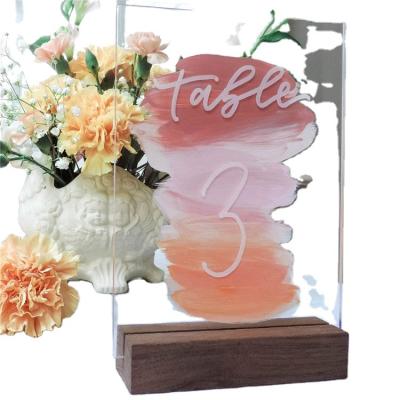 China Mordern T-Shape Table Top Wooden Wedding Stand Home Sign Display Acrylic Wedding Table Sign Holder for sale