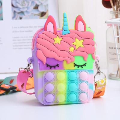 China 2021 Fashion Cute Noise Bag Squeeze Toys Unicorn Mini Silicone Coin Purse Stress Relief Game Backpack For Kids for sale