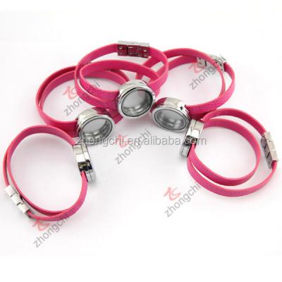 China ALLOY Hot Pink Leather Pendant Bracelet, Round Snap Clasp Floating Pendant Charms Bracelet for sale