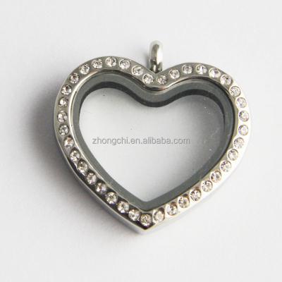 China FASHIONABLE High Quality Silver Heart Shape Pendants 316L Stainless Steel Crystal Floating Pendants for sale