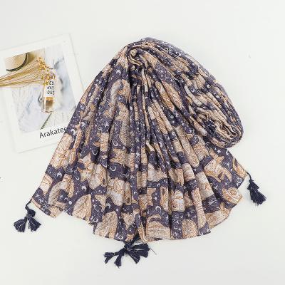 China New Tassel Style Ladies Printing Tassel Scarf 90*180CM Vintage Satin Cotton Shawl Scarves for sale