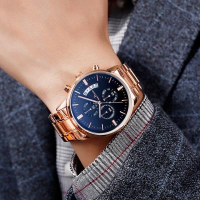 China Water Resistant Rose Gold Stainless Steel Mens Wristwatches Hand Watch Men Wrist Custom Logo Luxury Men Quartz Watches With Calendar for sale