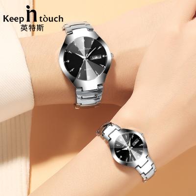 China Water Resistant ODM Watch Black Flat Round Couple Watches Quartz With Silver Stainless Steel Strap Waterproof Couples Wristwatches Fashion for sale