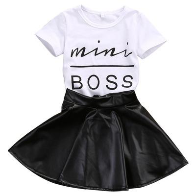 China KYO Girls Clothing White Mini T-shirt Black Pu Skirt Casual Babies Teams Fashionable Kids Clothing Sets for sale