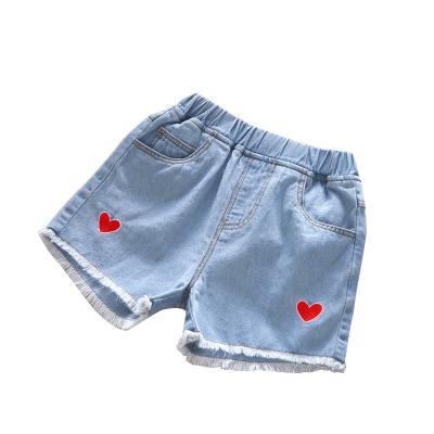 China KYO Girls Summer Breathable Cute Girls Denim Shorts Red Hearts Embroidered Children's Thin Beach Jean Pants for sale