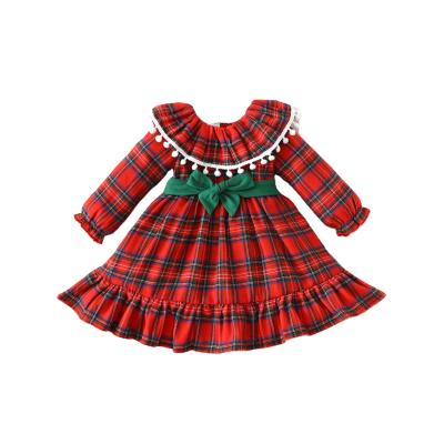 China KYO Infant Christmas Series Red Casual Plaid Long Sleeve Fur Ball Edge Bowknot Cake Ruffle Dress for sale