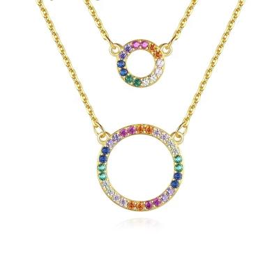 China Europe and America Double S925 silver necklace women's colorful zircon pendant double circle rainbow colored choker for sale