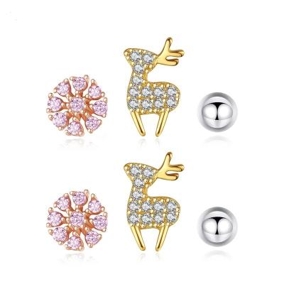 China CLASSIC Stylish asymmetrical S925 Silver three-piece Set of Earrings with micro-inlaid zircon elk stud earrings for women for sale