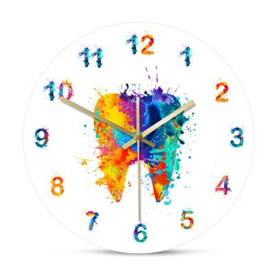 China Full Acrylic Medical Colorful Tooth Printed Modern Minimalist Decoration Acrylic Dental Clinic Wall Clocks Wall Clock for sale