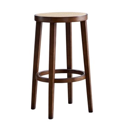 China (Other) Farmhouse Style Adjustable Back Less Sight Round Rattan Seat Solid Wood Bar Stool for sale