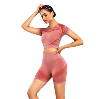 China 9431 Breathable Two Piece Mesh Active Short Sleeve Crop Top And Seamless Shorts Ins Summer Gym Set Hot Yoga Tops Shorts Women for sale