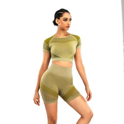 China Breathable Two Piece Mesh 9431 Active Short Sleeve Crop Top And Ins Hot Shorts Yoga Set Summer Seamless Shorts Set Women for sale