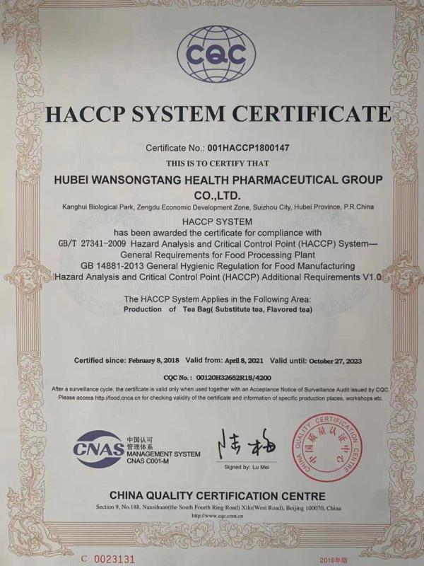 HACCP - HUBEI WANSONGTANG HEALTH PHARMACEUTICAL GROUP Co., Ltd.