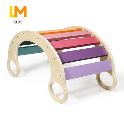 China Indoor LM KIDS Indoor Wooden Rainbow Rocker Swing Climber Montessori Kids Playground Climbing Arch for sale