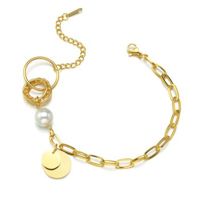 China Punk 18K Gold Plated Baroque Geometric Hollow Round Pearl Link Chain Bracelets Stainless Steel Bracelet for sale