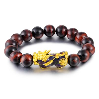 China CLASSIC Color Change Bracelet Tiger Eyes Beads Attract Wealth Pixiu Real Vintage Gold Plated Tiger Eyes Beads Bracelet Red for sale