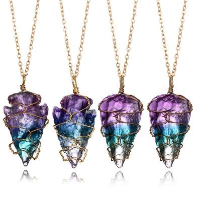 China Vintage European Popular Handmade Wire Wrap Crystal Stone Necklace Multiple Colors Irregular Natural Stone Pendant Necklace for sale