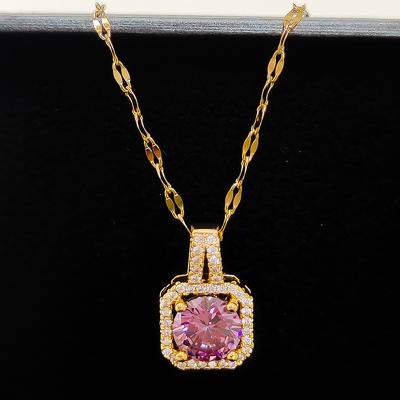 China Vintage Style Korean Pink Cubic Zircon Pendant Necklace 18K Gold Plated Stainless Steel Chain Square CZ Diamond Necklace for sale