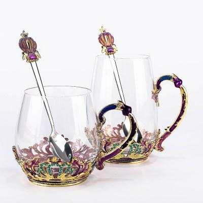 China Sustainable Creative Luxury Gift Household Enamel Flower Tea Cup Crown Crystal Mug for sale