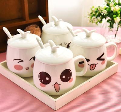 China WITH LID LID Milk Coffee Mug Creative Cute Couples Mug Ceramic Expression Mug With Lid And Spoon for sale