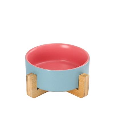 China Non-automatic Ceramic Cat Dog Bowl Dish with Wood Hold No Puddle Pet Food Water Feeder Cat Small DogsSet and Raised Bamboo for sale